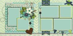 a scrapbook page with flowers and hearts on the pages, which are blue and green