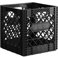 a black plastic crate with lattice design on the sides and bottom, isolated against a white background