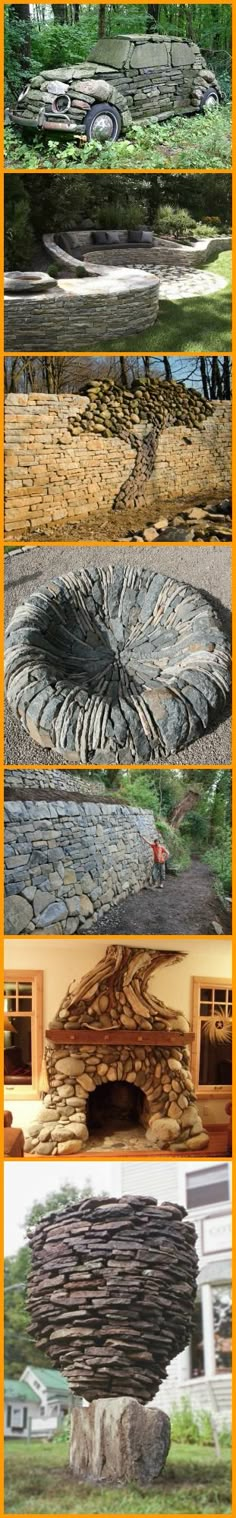 four different views of an outdoor area with rocks and grass on the ground, in front of