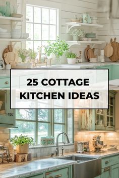 25 cottage kitchen ideas with light green cabinets, open shelving, and rustic decor. Rustic Wood Beams, Small Country Kitchens, Cottage Kitchen Inspiration, English Cottage Kitchens, Cottage Kitchen Ideas, Cottage Core Kitchen, Cottage Kitchen Decor, Cozy Cottage Kitchen, Rustic Wood Floors