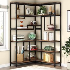 Tribesings Corner Bookshelf, 6-Tier Industrial Etagere Corner Bookcase Tribesigns Large Corner Shelf, Staggered Shelves, Tall Corner Shelf, Bookshelf Industrial, Brown Board, Favorite Aesthetic, Corner Bookshelf, Corner Bookshelves