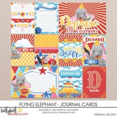 an elephant themed journal is shown with the words flying elephant journal cards in red, yellow and