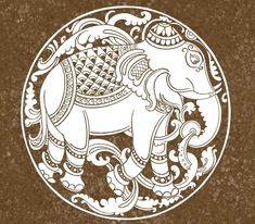 an intricately decorated elephant on a brown and white background is shown in the shape of a circle