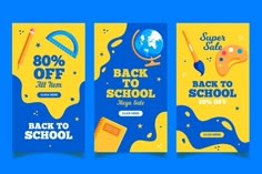 three banners with back to school items on blue and yellow background, one has an image of