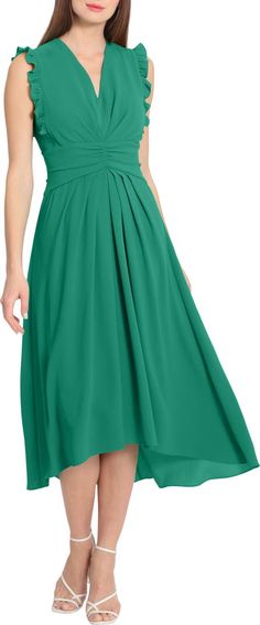 Maggy London V-Neck Ruffled A-Line Midi Dress | Nordstromrack Green V-neck Dress With Pleated Waist, Spring Dress With Ruched Bodice And Surplice Neckline, Ruched Midi-length Flowy Dress, Ruched Midi Length Flowy Dress, Ruched Flowy Midi Dress, Bridesmaid Midi Dress With Ruffles, Ruched Midi Length Dress With Flowy Skirt, Elegant Flowy Knee-length V-neck Dress, Green Knee-length Dresses With Ruched Bodice