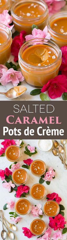 salted caramel pots de creme with flowers and spoons