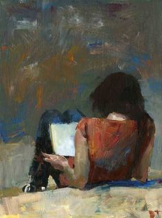 a painting of a woman sitting on the ground with a book in her hand and looking at it