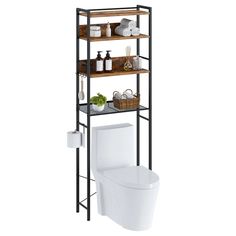 a bathroom shelving unit with two shelves above it and a toilet in the corner