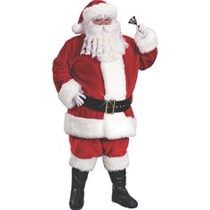 a man dressed as santa claus giving the thumbs up sign with his right hand while standing in front of a white background