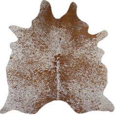 a brown and white cowhide rug on a white background with the shape of an animal's head