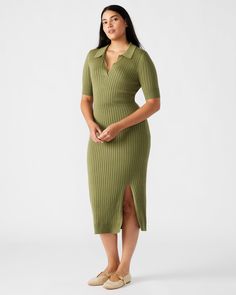 Expertly crafted for a sleek and modern look, the LINDY dress offers a fitted body with a short-sleeved design and collar. The textured stitching adds a touch of sophistication, while the front slit adds a subtle edge. Perfect for any occasion, this dress will elevate your style game. Short-sleeved dress with slit Ribbed knit midi dress Collared neckline 100% rayon Hand wash Stephanie is 5ft 10in and is wearing a size large Payton is 5ft 10in and is wearing a size small Imported Never Fully Dressed, Sleeved Dress, Spring Tops, Knit Midi, Spring Looks, Knit Midi Dress, Sweaters Knitwear, Petite Dresses, Cozy Knits