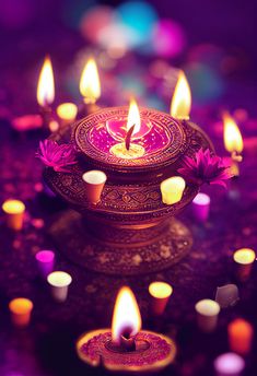 lit candles on a table with purple and pink lights