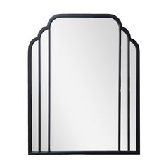 three mirrors with black frames are shown against a white background and one mirror has an arched design