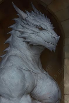 a white dragon statue sitting on top of a stone wall in front of a doorway