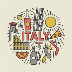 the word italy surrounded by symbols such as pizza, wine and other things in a circle