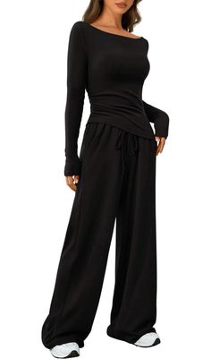 loungewear pajamas set Comfortable Black Loungewear Bottoms, Black Sleep Sets With Long Pants, Black Lounge Sets With Pockets, Black Long Sleeve Loungewear Pant Set, Black 4-way Stretch Pants For Loungewear, Lounge Sets, Casual Fits, Casual Pants, Pajama Set