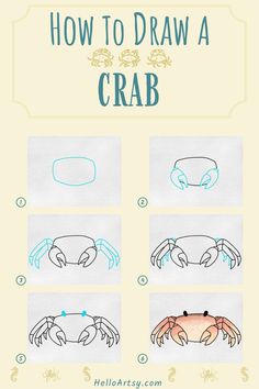 6 drawings demonstrating how to draw a how to draw a crab for kids. How To Draw A Crab, Crab Drawing Simple, Crustacean Core, Drawing Tuts, Funny Fish, Ocean Unit, Drawn Fish, Fish Drawings