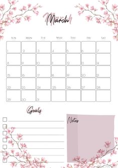 the march calendar with pink flowers on it