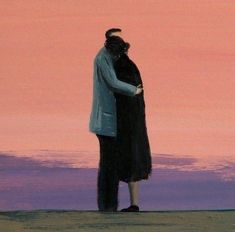 a painting of a man and woman embracing each other in front of a pink sky