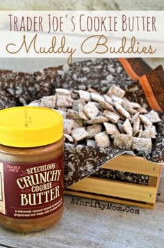 trader joe's cookie butter muddy buddies recipe on a wooden table next to a book