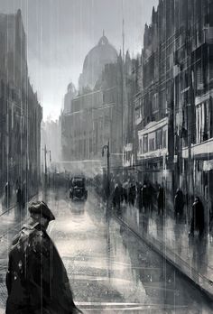 a man is walking down the street in the rain