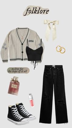 the contents of a woman's outfit including jeans, sneakers and an open cardigan