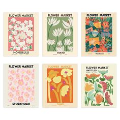 six flower market posters in different colors and sizes, each with flowers on the front