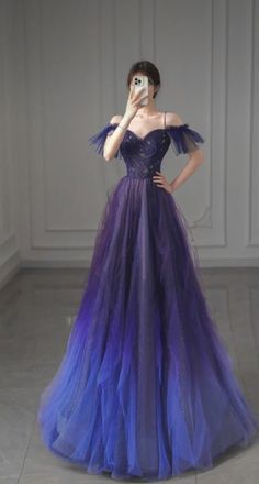 High Fashion Ball Gown, Dark Purple And Blue Prom Dress, Ball Gowns Prom Purple, Blue And Purple Prom Dresses, A Night In Paris Theme Prom Dresses, Prom Dresses Starry Night, Galaxy Dress Gowns, Purple And Blue Prom Dress, Prom Dress Dark Purple