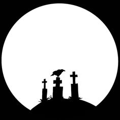 a black and white image of a crow sitting on top of tombstones in front of a full moon