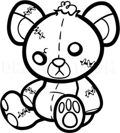 a black and white drawing of a teddy bear