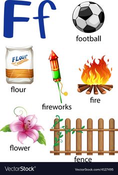 the letter f is for firework, flower, soccer ball, football and flowers