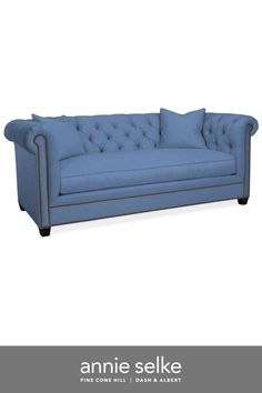 an image of a blue couch with two pillows on the back and one arm up