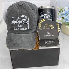 the legend has retired gift set includes a hat, coffee and tea bags in a box