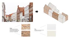 an image of some buildings with brick walls and white trimmings on the sides