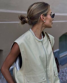 Button Up Street Style, Pearl Diy, Elevated Fashion, Pretty Blouses, April 6, White Button Up, Vest Fashion, Vest Outfits, Closet Fashion