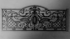 a drawing of a wrought iron fence with two birds on the top and one bird in the middle