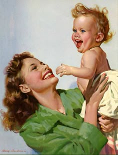 a painting of a woman holding a baby in her arms and smiling at the camera