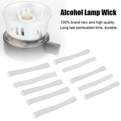 an advertisement for alcohol lamp wick with eight strips in it and the words, alcohol lamp wick 100 % brand new and high quality long last consumption time, durable