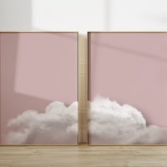 two frames with clouds on them in front of a pink wall and wood flooring