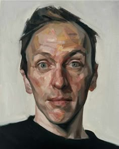 an oil painting of a man's face with brown hair and black shirt on