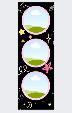 two stickers with stars and clouds on black background, one has pink trim and the other is green