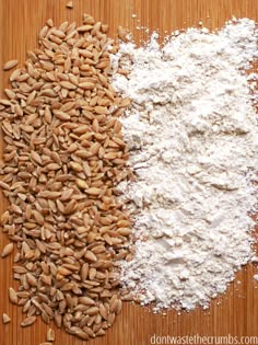 two different types of flour are shown on a wooden surface, one is white and the other is brown