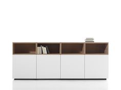 a white cabinet with books on the top and shelves below it, against a white background