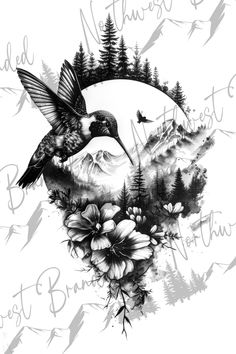 a black and white drawing of a humming bird flying over flowers with mountains in the background