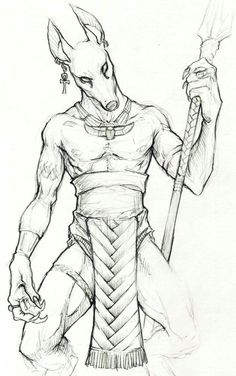 a pencil drawing of an egyptian god holding a staff and wearing a headdress