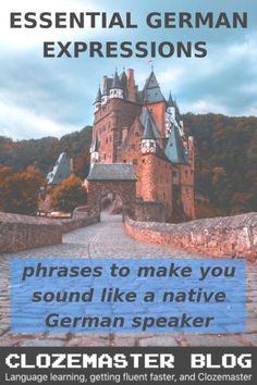 an advertisement for a german language course with a castle in the background and text that reads essential german expressions