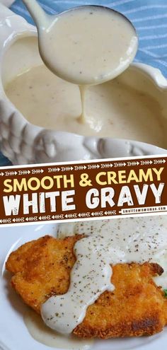 a white gravy is being spooned into a plate with some food on it