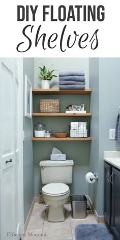 a bathroom with shelving above the toilet