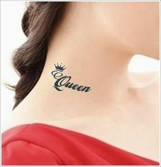 a woman with a tattoo on her neck that reads queen and has a crown in it