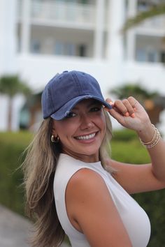 Elevate your casual look with this vintage-style hat! Featuring a distressed wash for an authentic, worn-in feel, each piece showcases natural color variations, making every hat one of a kind. Designed for comfort and convenience, it includes an adjustable magic closure at the back to ensure the perfect fit. This is the go-to accessory to complete your look while staying protected from the sun.Product Details: Vintage distressed wash style. Adjustable magic closure at the back. Natural color var Blue Short Brim Baseball Cap For Spring, Blue Baseball Cap One Size Fits Most, Navy Hat For Spring, One Size Fits Most, Navy Hat For Spring (one Size Fits Most), Spring Navy Hat, Navy Spring Cap, Blue Short Brim Baseball Cap For The Beach, Blue Baseball Cap With Short Brim For Beach, Blue Short Brim Baseball Cap For Beach